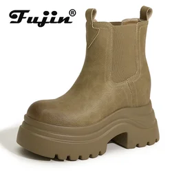 Fujin 8.5cm 2024 Synthetic Microfiber Leather Stretch Fabric Autumn Elastic Spring Knee High Ankle Boots Woman Motorcycle Shoes