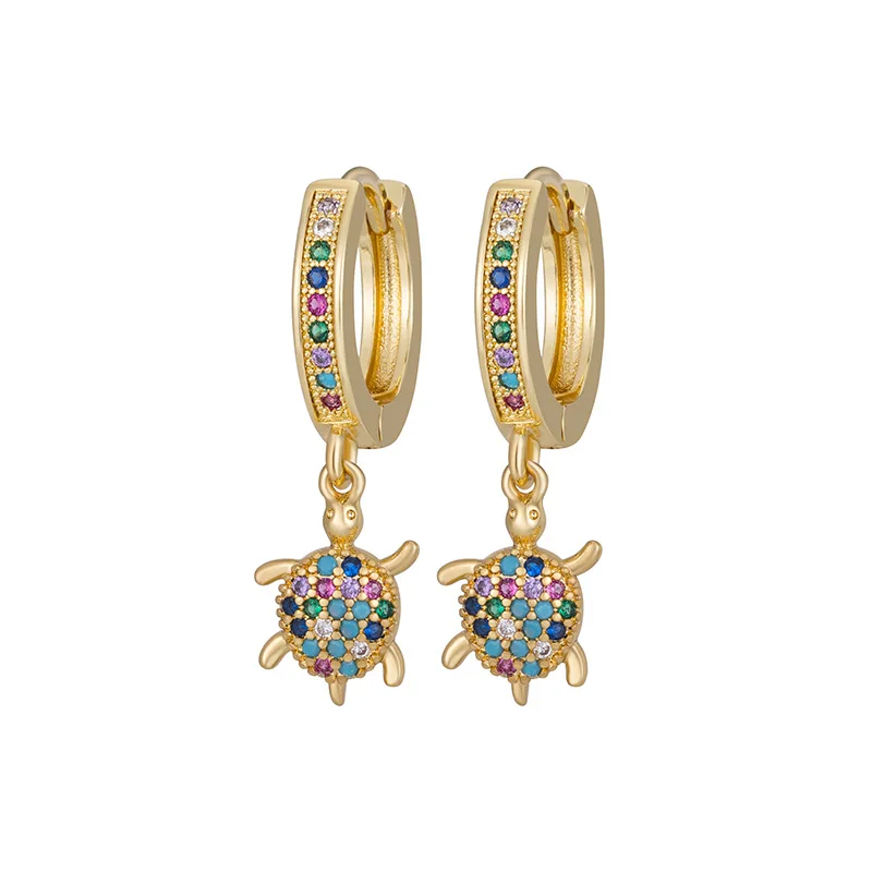 Female Cute Small Turtle Hoop Earring Rainbow Crystal Multicolor Zircon Animal Earrings For Women Charm Gold Color Ocean Jewelry - view 5