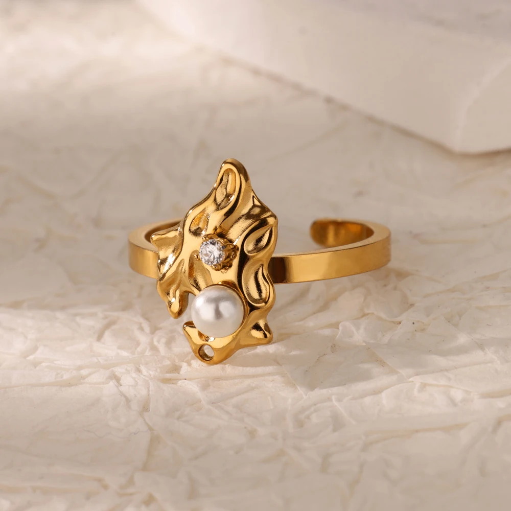 Zircon Pearl Irregular Rings For Women Gold Color Stainless Steel Opening Geometric Ring Party Christmas Wedding Jewelry Gift