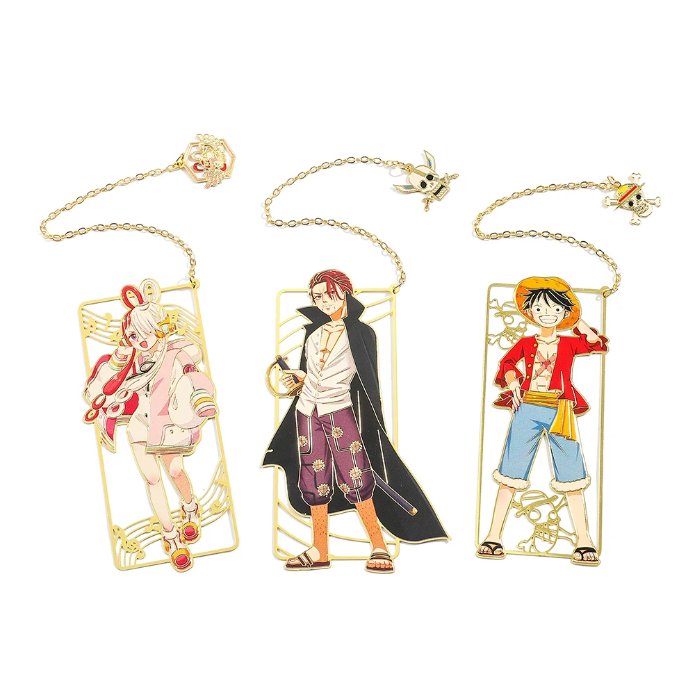 Anime One Piece Figure Metal Bookmarks with Tassel Luffy Uta Shanks Gold Color Book Marks Gifts for Fans Collection Supplies