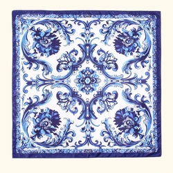 New Blue and White Porcelain Bandana Head Wraps for Woman Satin Square Scarf Muslim Printed Hijab Turban Ladies Square Headband