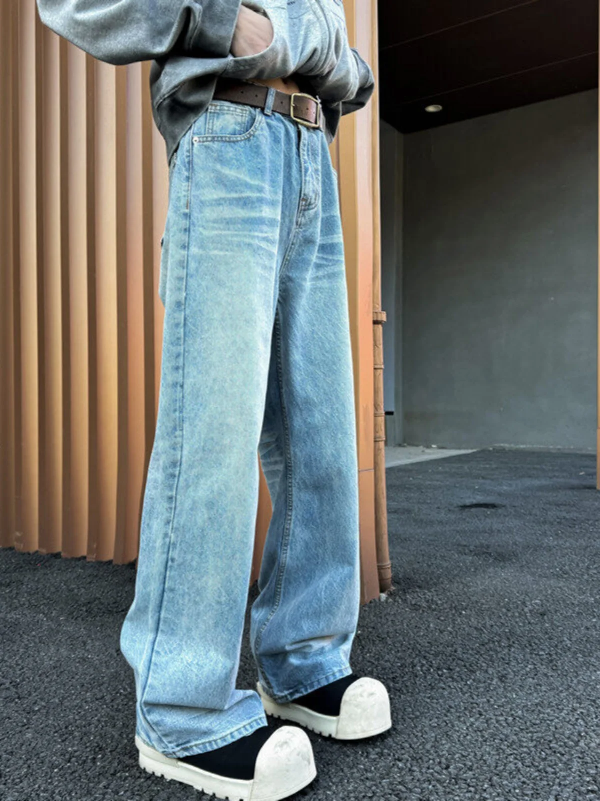 

Blue Waed Straight Leg Men's Jeans High Street Vibe Wide Leg Pants Cleanfit Flared Trousers Autumn Winter Casual Youth Faion