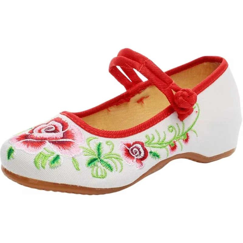 

Woman Wedges Embroidered Cloth Shoes Ethnic Style Soft sole Round Toe Buckle Strap Ballet Shoes Hanfu Shoes Red Wedding Shoes