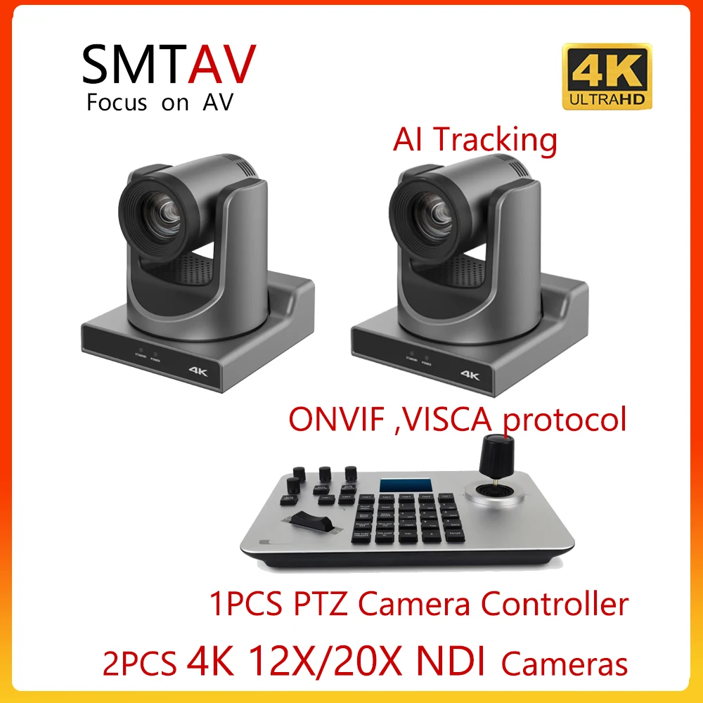 

SMTAV AI Tracking 2pcs 4k60fps NDI POE PTZ Camera 12X 20X Zoom Streaming PTZ Camera Controller Support ONVIF VISCA Protocol