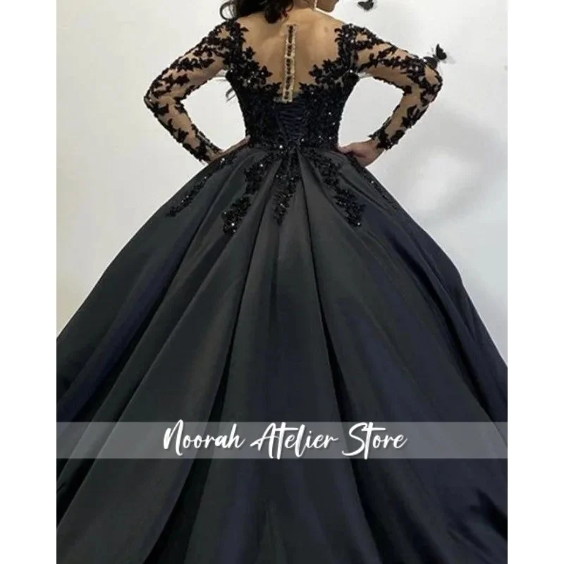 Vestido de novia gótico negro, vestidos de novia con Apliques de encaje, mangas largas con cuentas, vestido de novia de satén transparente con cuello en V, corsé trasero Vintage Pl