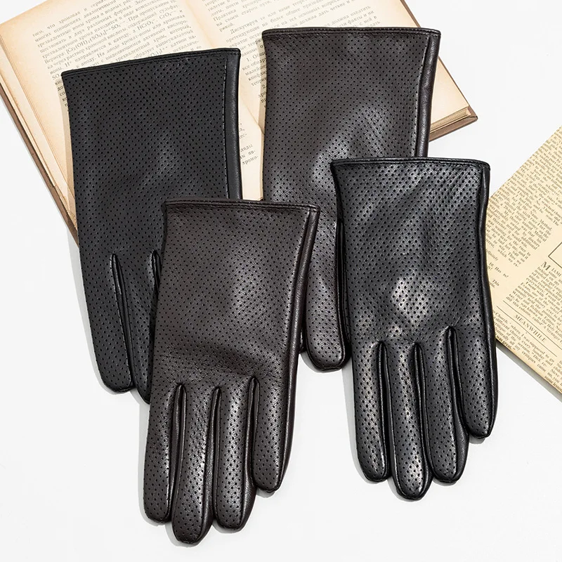 Men Women's Hollow Out Natural Sheepskin Leather Black Glove Female Fashion Genuine Leather Breathable Thin Driving Glove