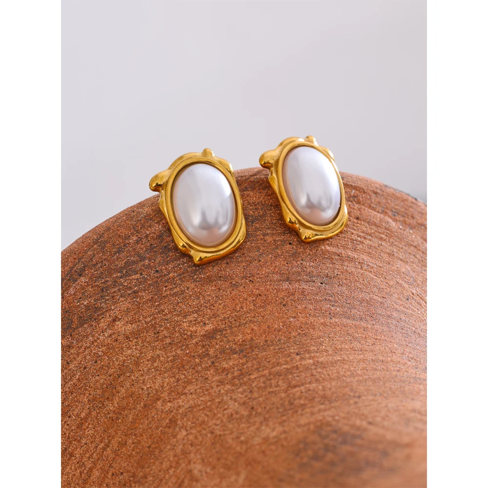 Yhpup Elegant Simulated Pearls Round Daily Stud Earrings for Women 18K Gold Color Plated Stainless Steel Vintage Jewelry New