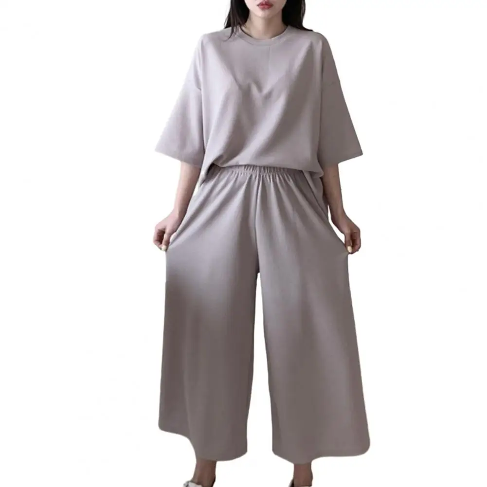 Women T-shirt Pants Set Stylish 2-piece Solid Color Lounge Wear Set Comfortable T-shirt Wide Leg Pants for Outfit High Waist