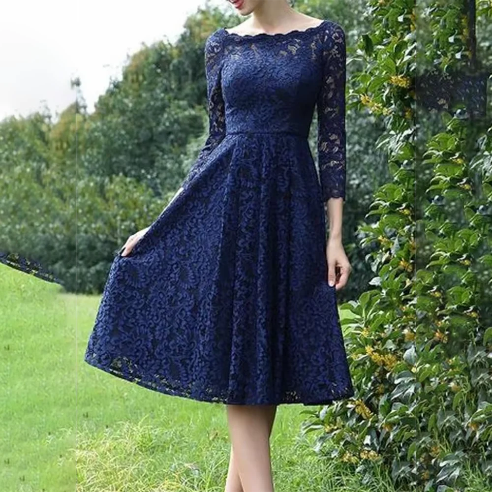 Navy Lace Mother of the Bride Dresses Boat Neck Three Quarter Sleeves Ziper Back Tea Length Wedding Party Dresses