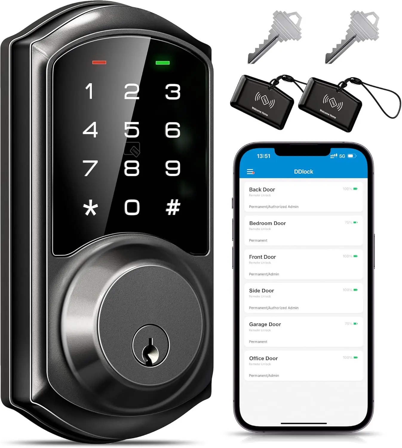 Veise Smart Deadbolt مع التحكم في التطبيق، قفل ذكي للدخول بدون مفتاح للباب الأمامي، قفل باب رقمي إلكتروني مع رمز