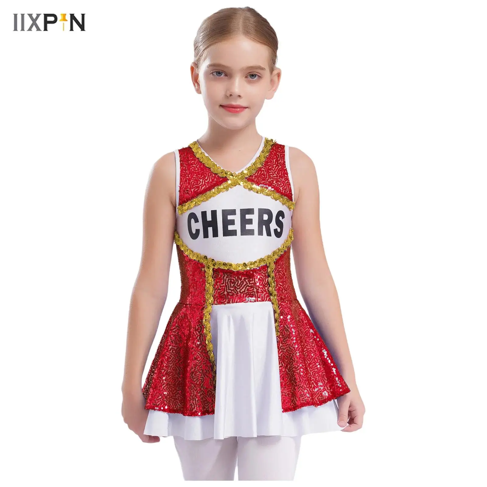 

Kids Girls Cheerleading Uniform Sleeveless Color Block Sparkling Sequins Dress Halloween Schoolgirls Dance Performance Costume