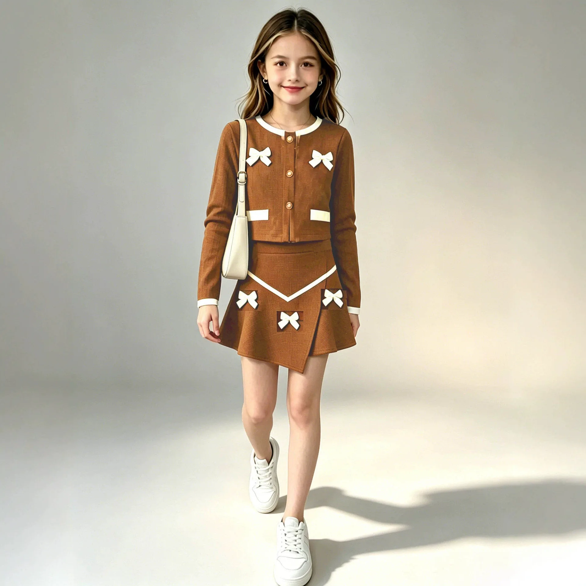 2026 Autumn girls Cloth Brown Child set long sleeve Teens t shirt crop top cardigan bow + irregular mini pleated skirt 5Y 8Y 12Y