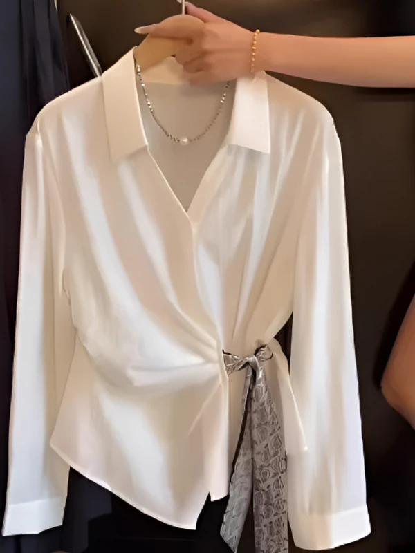 White Waist-Cinching Long Sleeve Shirt for Women Elegant Light Maturity Style Cotton Blend Thin Fabric V-Neck Button-Up Top