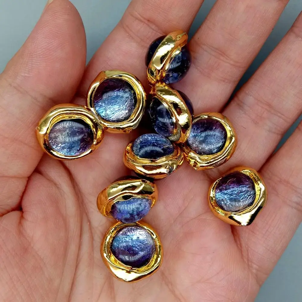 10 Pc 16mm Purple Color Noctilucent Murano Glass Round Gold Plated Beads For Bracelet Making Diy Accessories