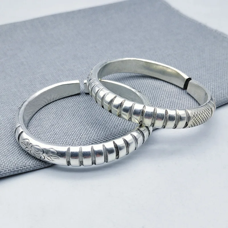 Imitation Antique Vintage Miao Silver Carved Solid Thick Bracelet Fashionable Versatile Jewelry