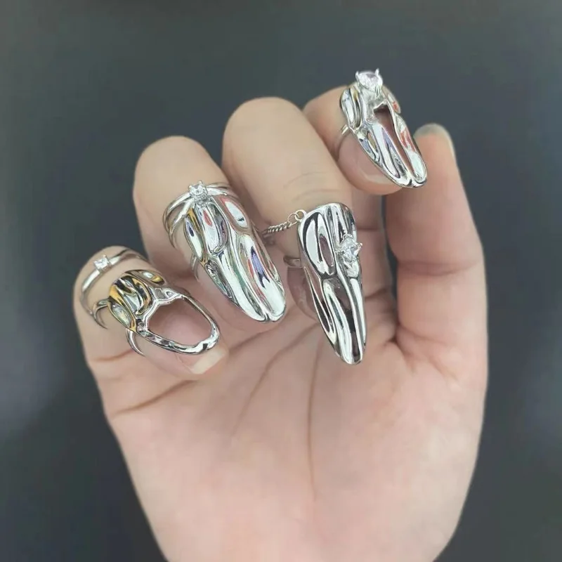 5-piece Fashion Punk Silver Color Opening Ring Set for Women Hip-Hop Street Metal Adjustable Nail Ring Cool Jewelry Party Gifts