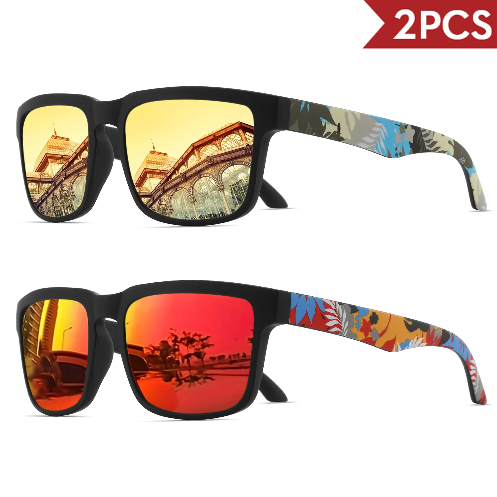 2 quadratische Sport-Sonnenbrille mit Designer-Tempelmuster – UV400 für Männer und Frauen, Strandurlaub