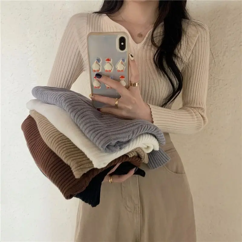 Knitting Pullovers V-neck Slim Ribbed Underlay Plus Velvet Thicker Warm Autumn Tops Ladies Elegant Leisure Solid Simple Sweater