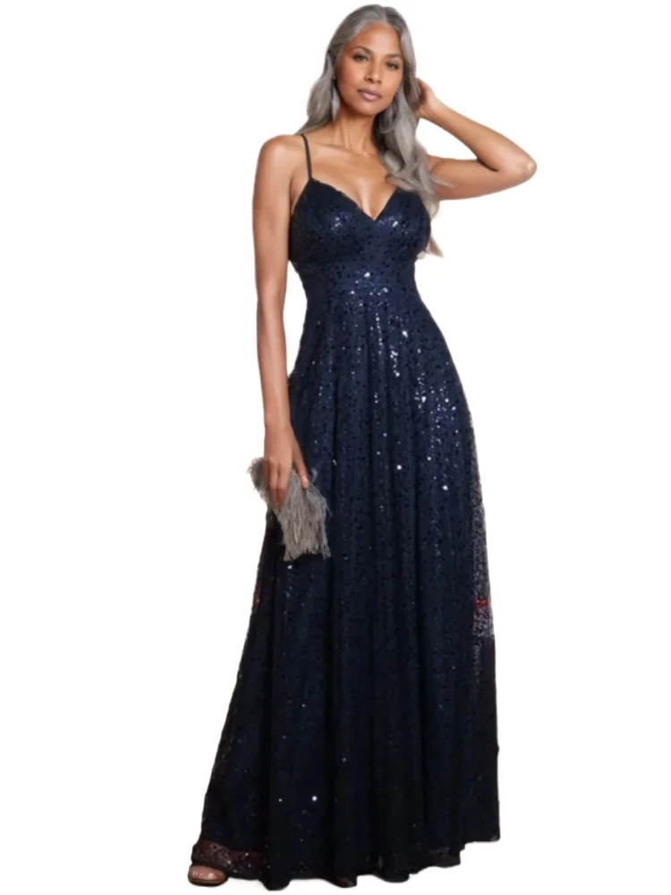 

Sexy V-neck Spaghetti Straps Backless Sequined Long Formal Evening Dress
