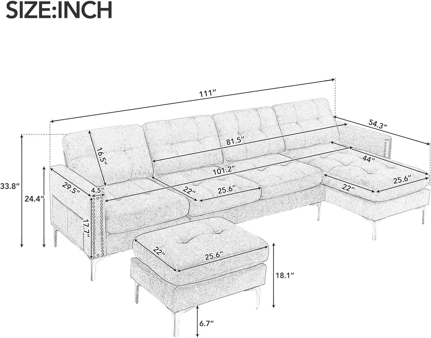 

P PURLOVE Velvet Modern Large Sectional Sofa, U Shape Upholstered Couch with Chaise, Convertible Sofa Couch with Movable