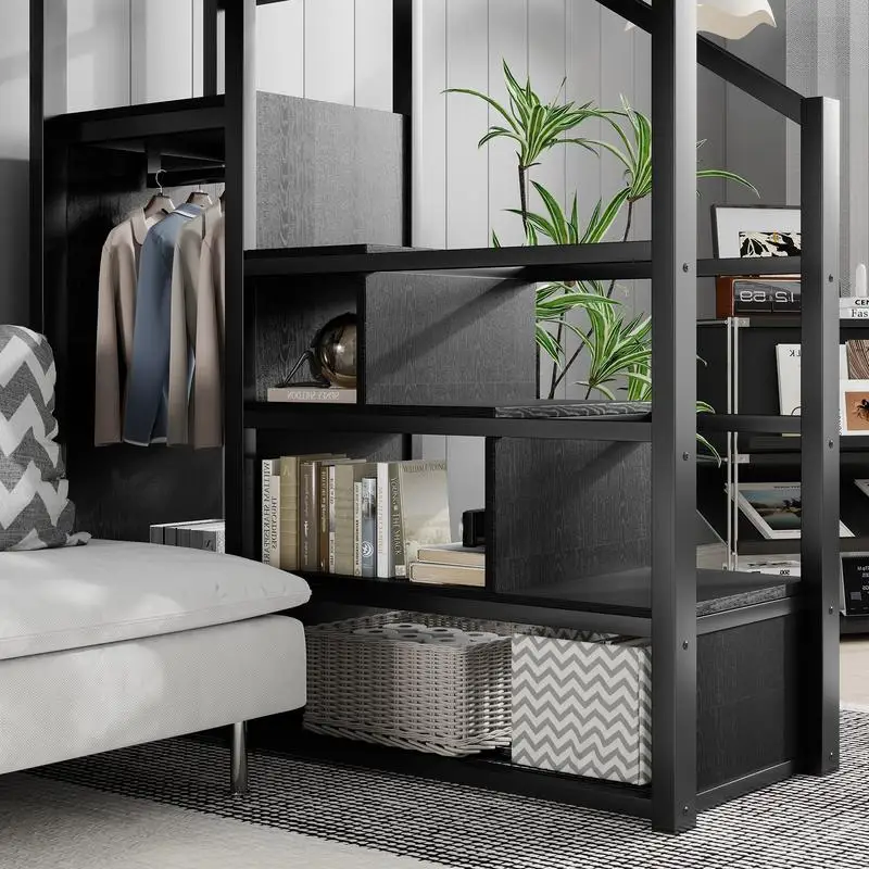 سرير علوي كامل الحجم مع سلالم وأرفف تخزين، سرير علوي معدني عالي مع خزانة ملابس للأطفال والمراهقين، أسود، تاريخ الوصول