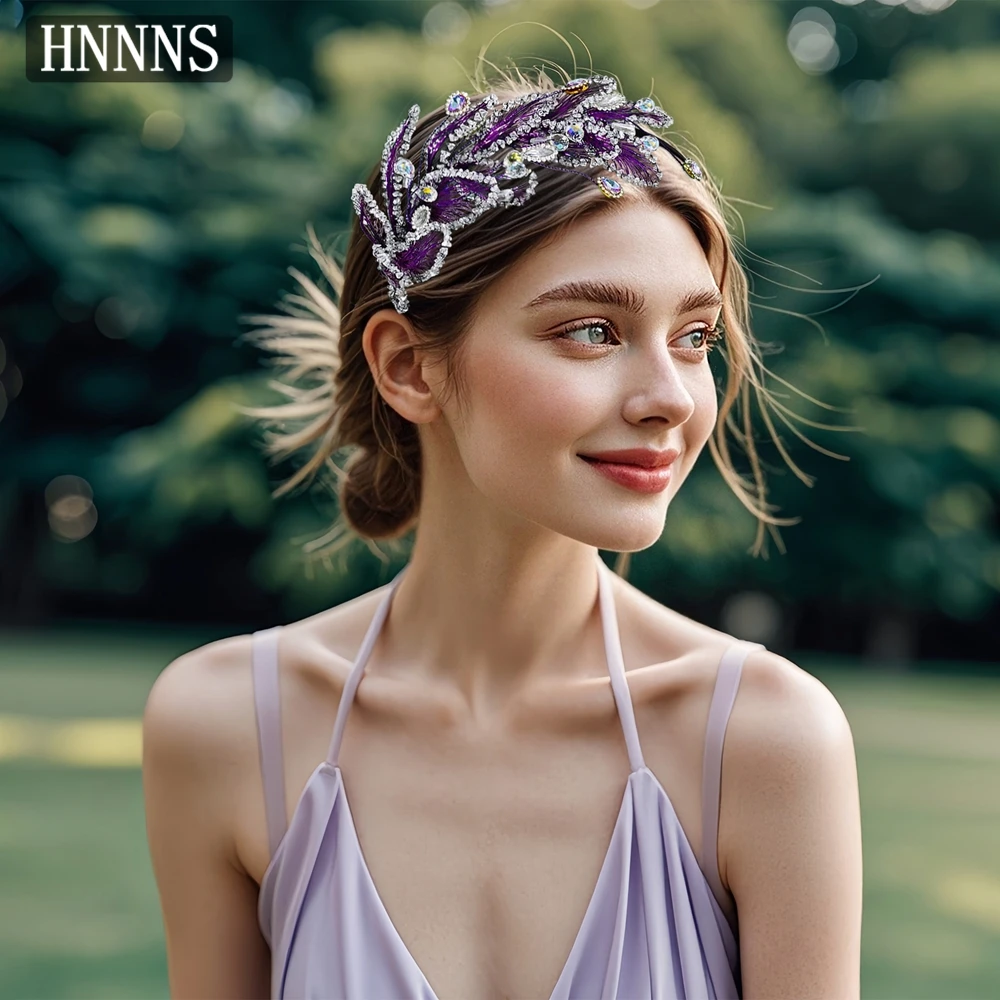 

HNNNS Elegant Bridal Hair Accessories Purple Crystal Leaves Headband Handmade Beaded Headpiece Banquet Party Prom Headdress A127