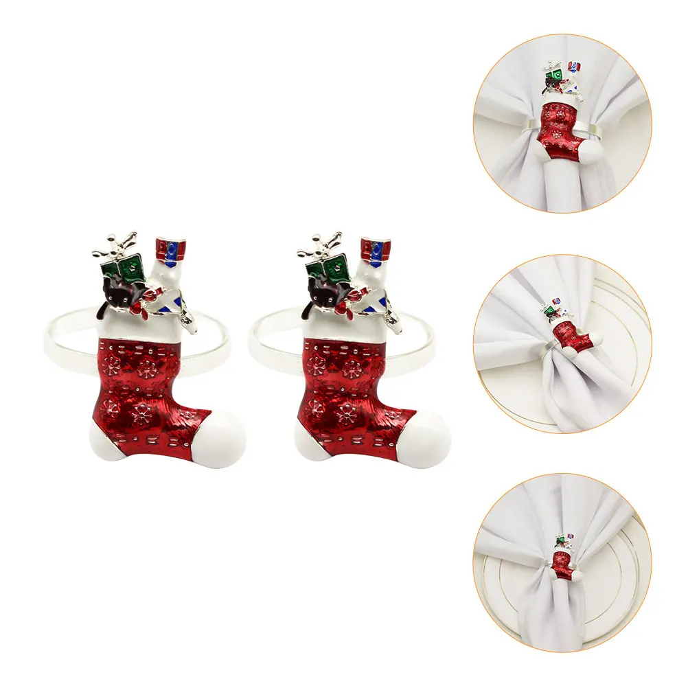 2Pcs Iron Alloy Christmas Stockings Napkin Rings Stylish Elegant Table Decor for Wedding Party Banquet Graduation Dining Room