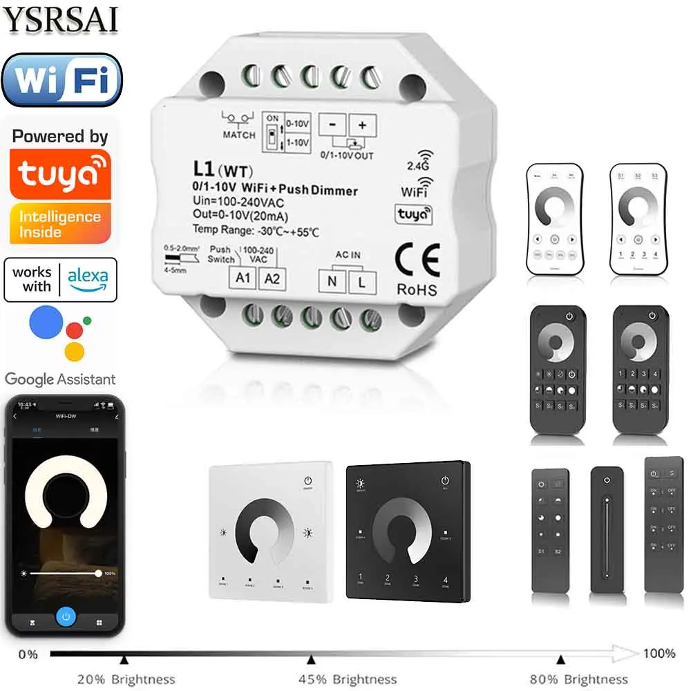 

AC85V-220V L1 Wireless Tuya WIFI Push Switch 0-10V 1-10V Dimmer Controller + 2.4G RF Touch dimming Remote For LED Dimmable Drive