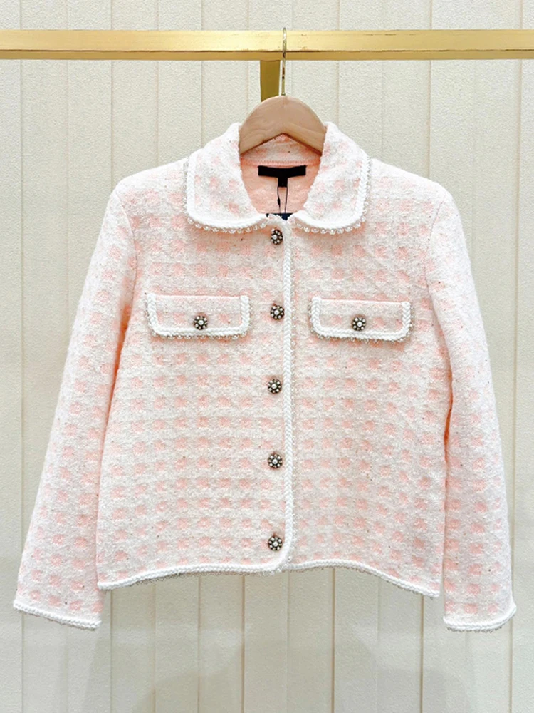 Maje Migi Moda Fena de Alta Qualidade Cardigan Aberto de Tweed Rosa Tricotado com Manga Longa Estilo com Botões Fibra de ...