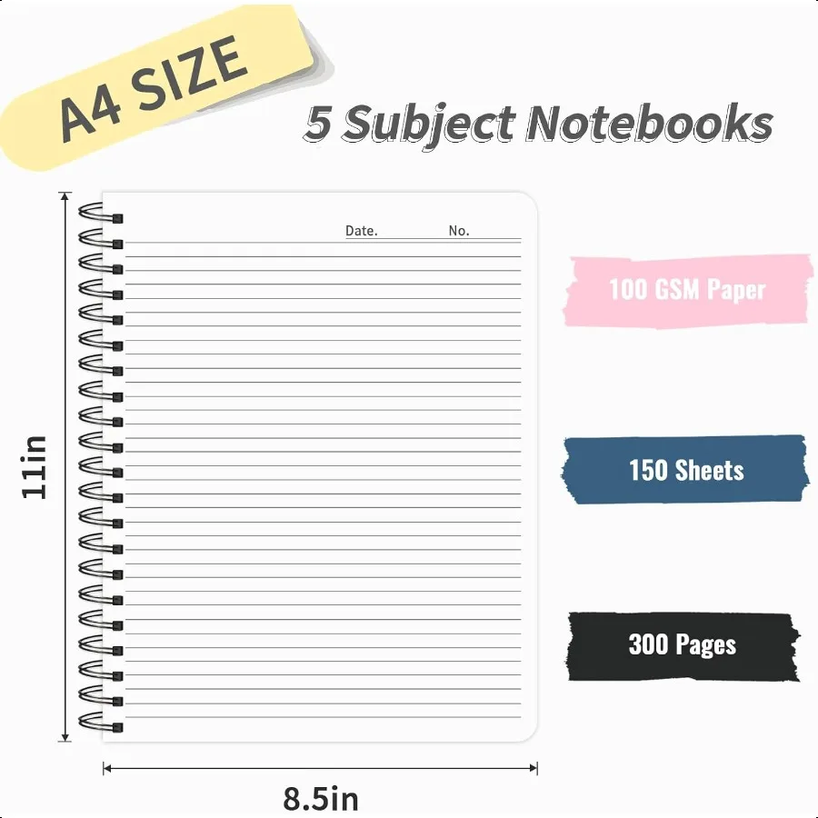 Caderno de 5 assuntos College governado 300 páginas A4 caderno espiral de capa dura com divisórias removíveis abas 8,5 x 11 100GSM linha grande