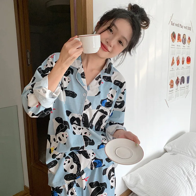 Cartoon Panda Pajama Women Spring and Autumn Long-sleeved New Girl Cardigan Home Clothes Soft Kawaii Student\'s Loungewear Women