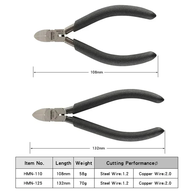 VESSEL Japanese Import HMN-110 /HMN-125 Mini Wire Cutters - Side/Diagonal Pliers, For Electronics/Handcraft Fine Wire, Durable