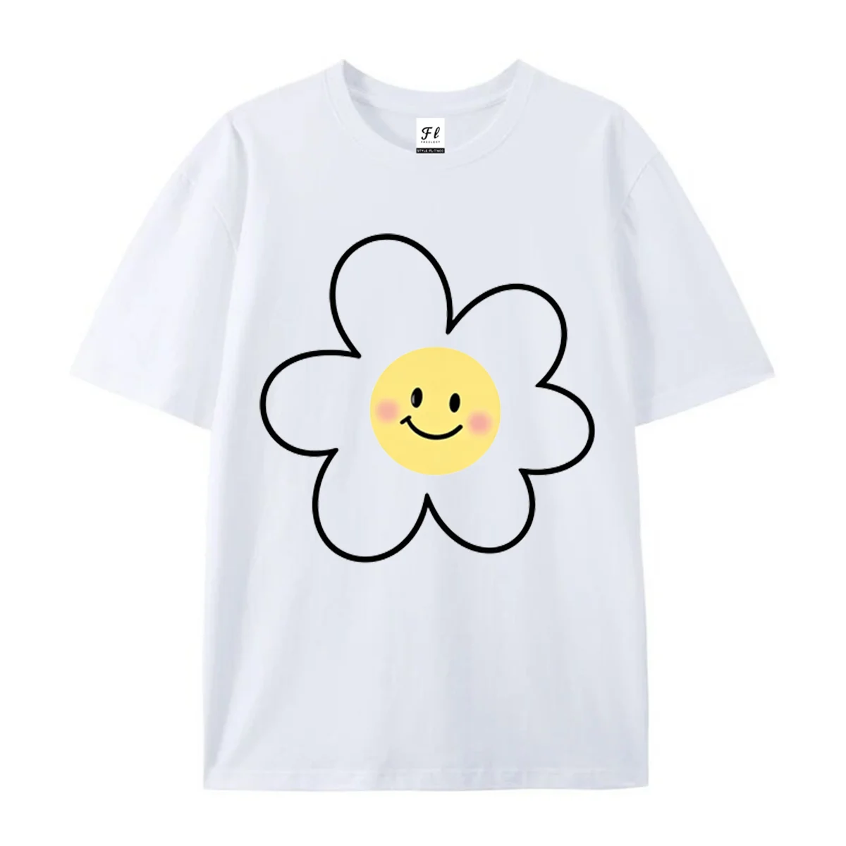 Unisex Short Sleeve T Shirt Cute Smiley Daisy Flower Print Crew Neck Tees Summer Casual Tops For Boys Girls Sweet Daily Wear