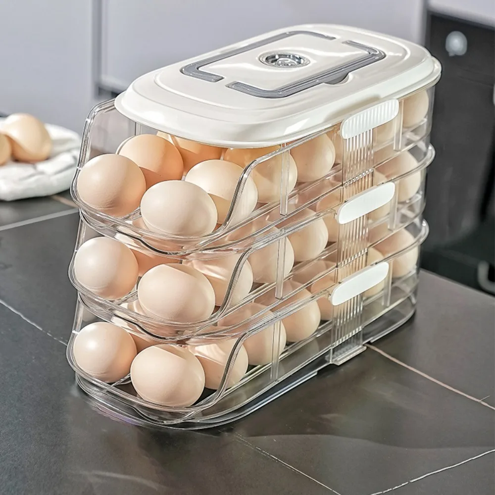 

Transparent Automatic Rolling Egg Container Large Capacity Space Saving Refrigerator Egg Storage Box with Lid Stackable