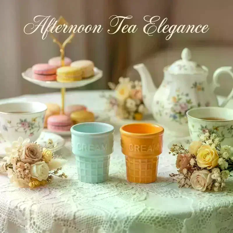 Ceramic Ice Cream Cups Dessert Coffee Mug With Waffle Cone Design Cute Aesthetic For Home Cafe Afternoon Tea Party Use Colorful