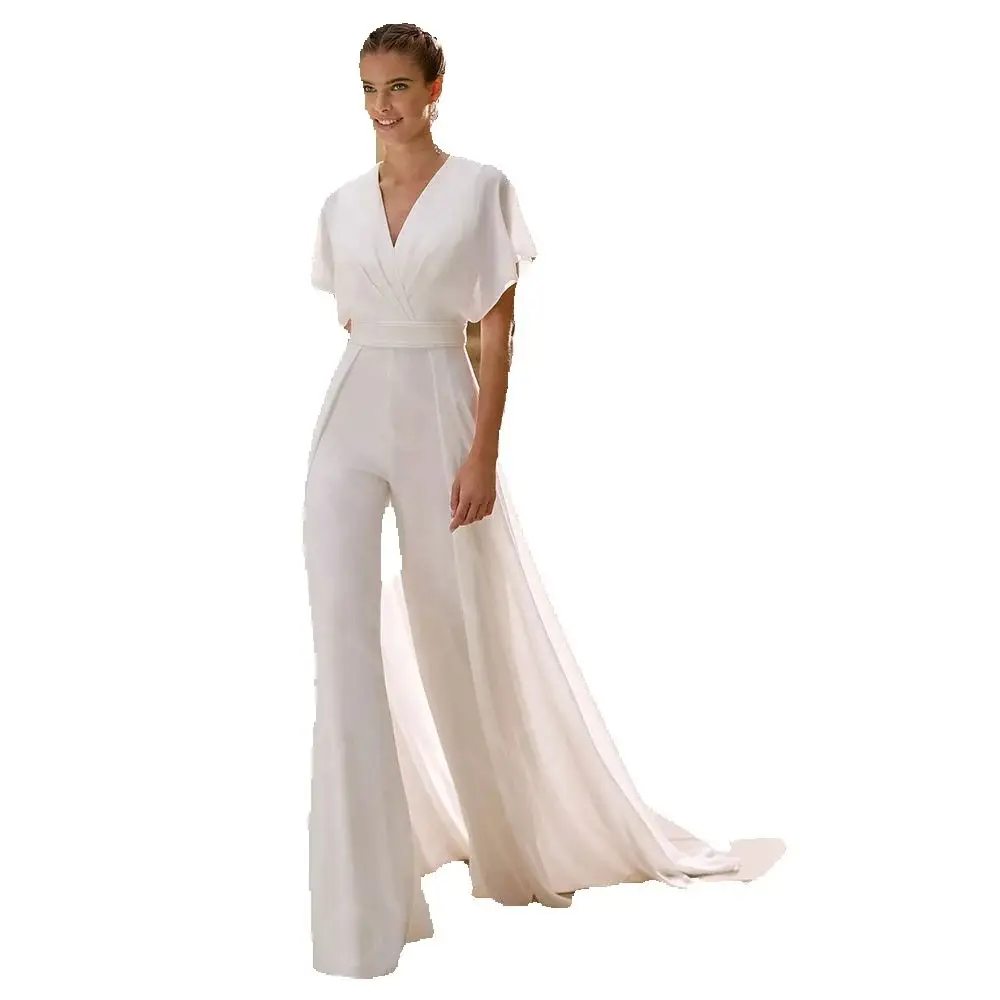 تخصيص فريد جديد Pantsuit فساتين الزفاف قصيرة الأكمام بذلة أثواب الزفاف الخامس الرقبة فساتين العروس مزيج ثوب الزفاف