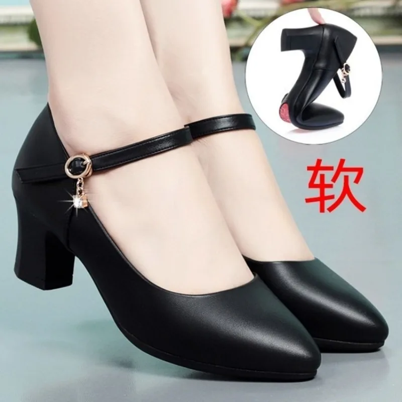 Women Pumps Fashion Sweet Red Comfort Buckle Strap Square Heel Lady Casual Basic Black Pu Leather Office Work High Heels Shoes