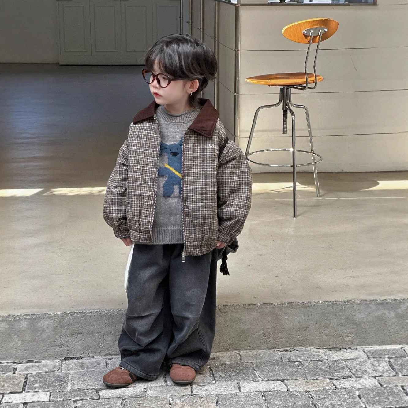 Korean Kids Clothing Autumn and Winter New Style Retro Plaid Lapel Thick Cotton Warm Jacket for Boys and Girls Kids Cotton