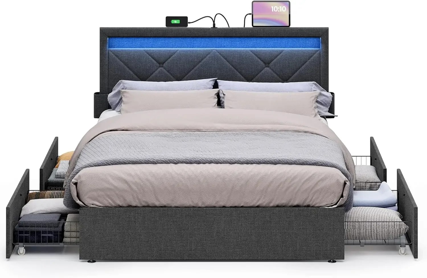 LED Bed Frame Full Size with Headboard and 4 Drawers, 1 USB Port and 1 Type C Port,  No Box Spring Needed, Dark Grey