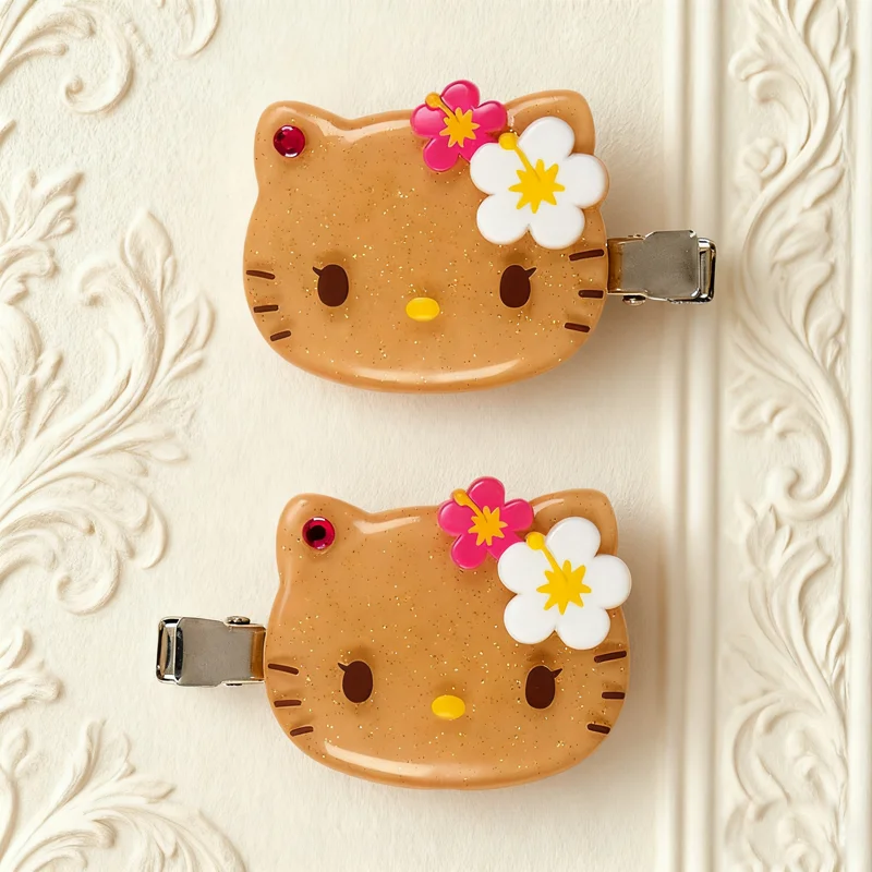 1/Pairs New Cartoon Summer Hawaiian Black Leather Kitty Hair Clip Cute Girly Hello Kitty Side Hair Card Clip Jewelry Hairpin view 3