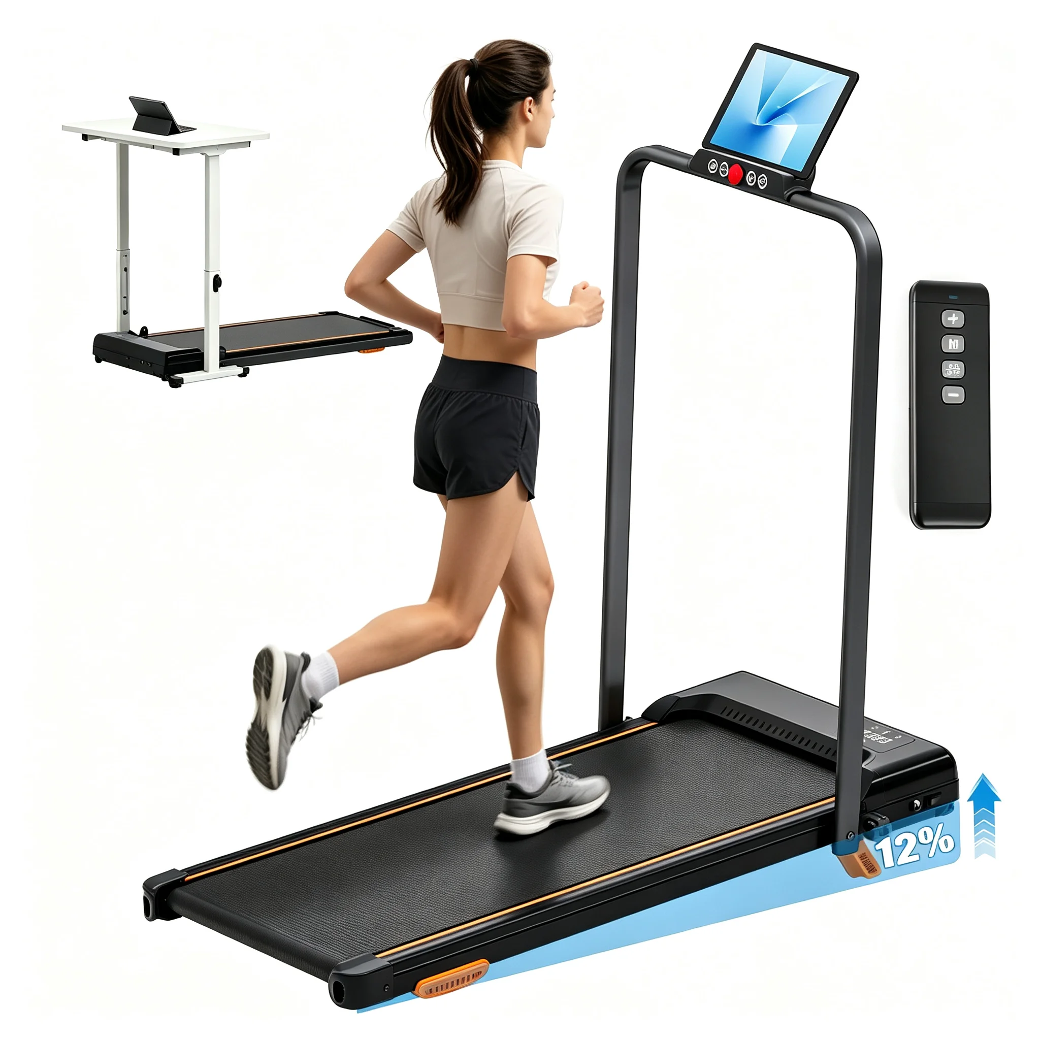3.0HP Brushless Walking Pad Treadmill, Manual 12% Incline, Foldable Under Desk Running Machine for Home Office, with Remote & Safety Key, 330 LBS Capacity