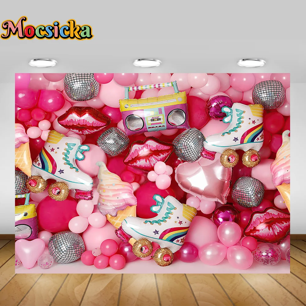 Mocsicka Children Birthday Backgrounds for Photography Pink Balloon Wall Skates Cake Smash Props Kids Photo Photocall Backdrop