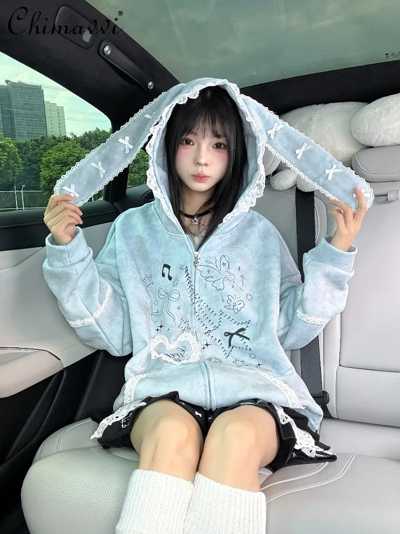 Original Retro Lace Trim Rabbit Ear Hooded Jacket 2025 Autumn Clothes New Sweet Girl Kawaii Loose Womens Sweatshirt Coat