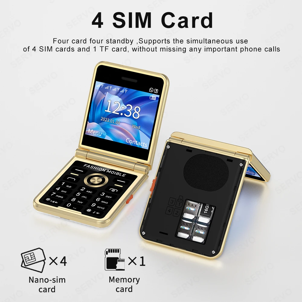 SERVO P21 Flimsy Flip Mobile Phone 4 SIM Card 2G GSM HD Camera Magic Voice Blacklist LED Flashlight Speed Dial Super Lightweight