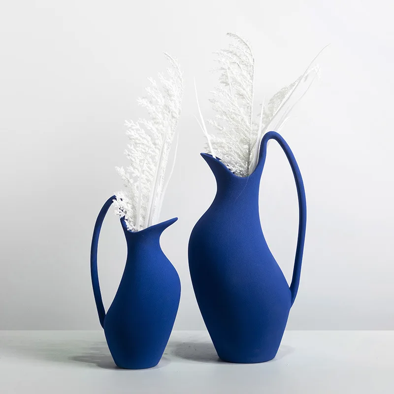 Creative Blue Ceramic Vase With Handle, Dried Flower Flower Arranger, Home Living Room Desktop Decoration Ornament, Sample Room