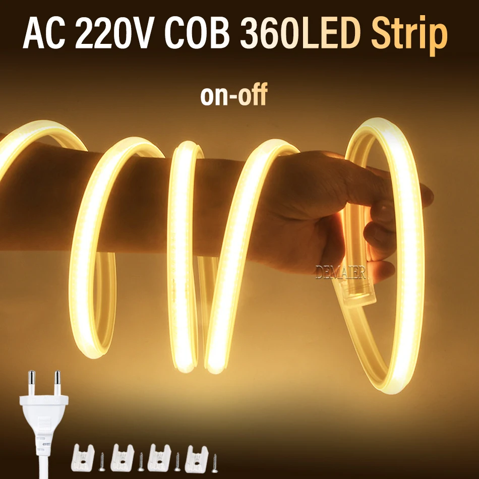 COB Led قطاع ضوء التيار المتناوب 220 فولت مع التبديل قابس طاقة 360LED/م مقاوم للماء RA 90 سطوع عالية 3000K 4000K 6000K شريط مرن