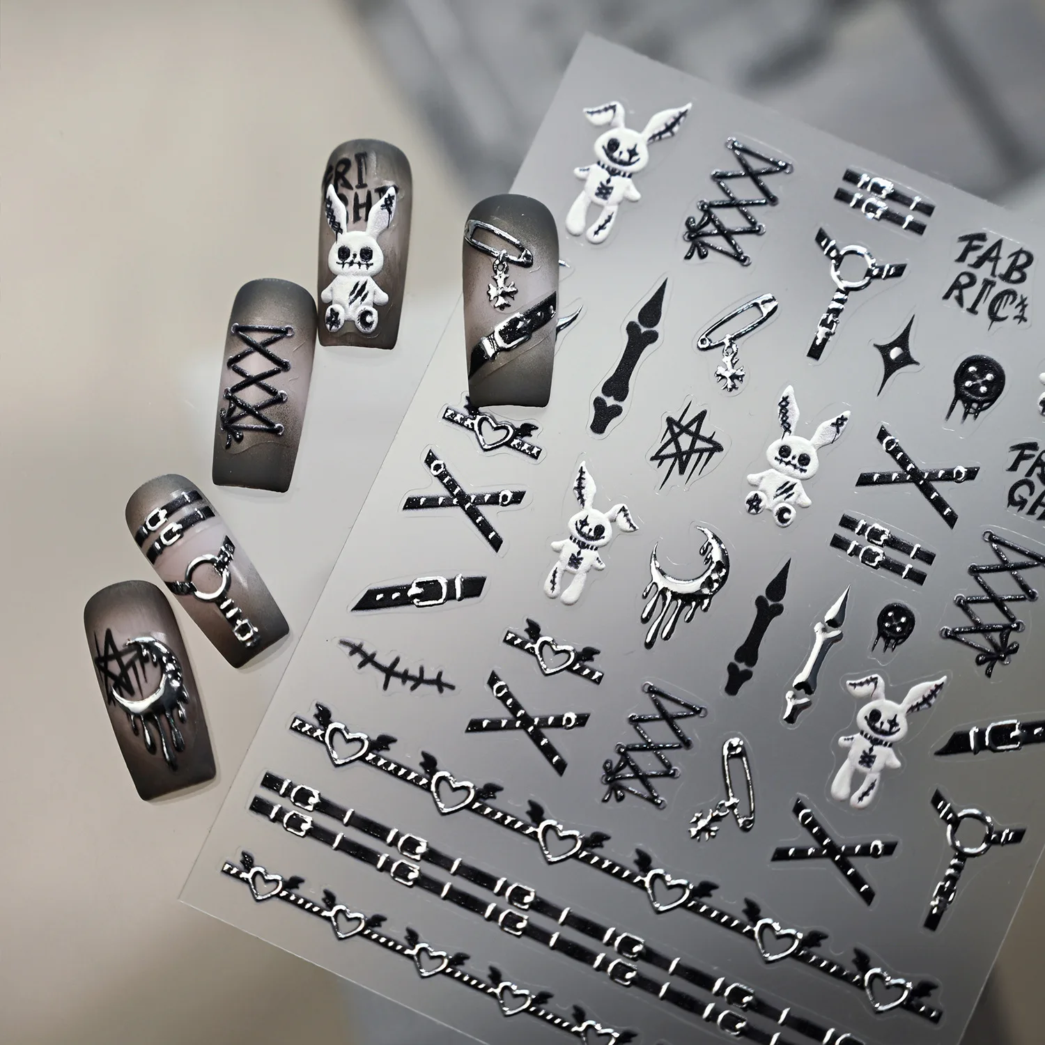 Halloween 5d metálico prata punk fivela cinto bandagem coelho anjo amor osso adesivo adesivos de unhas decalques manicure encantos escuros