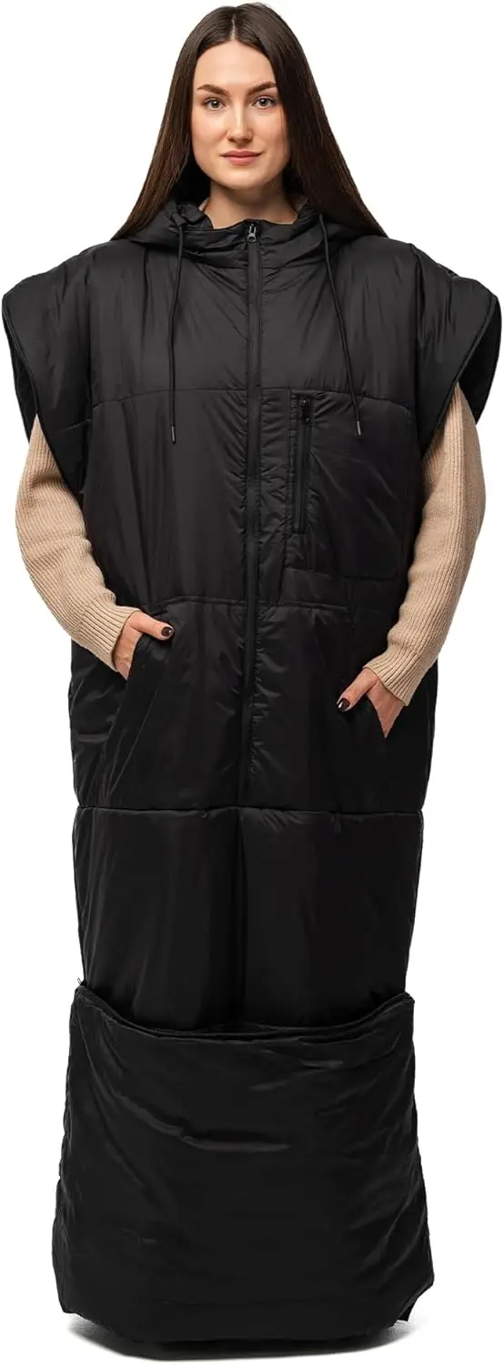 

Sleeveless Wearable Sleeping Bag with Hoodie, Adjustable Drawstring, Waterproof for Camping & Cold Weather