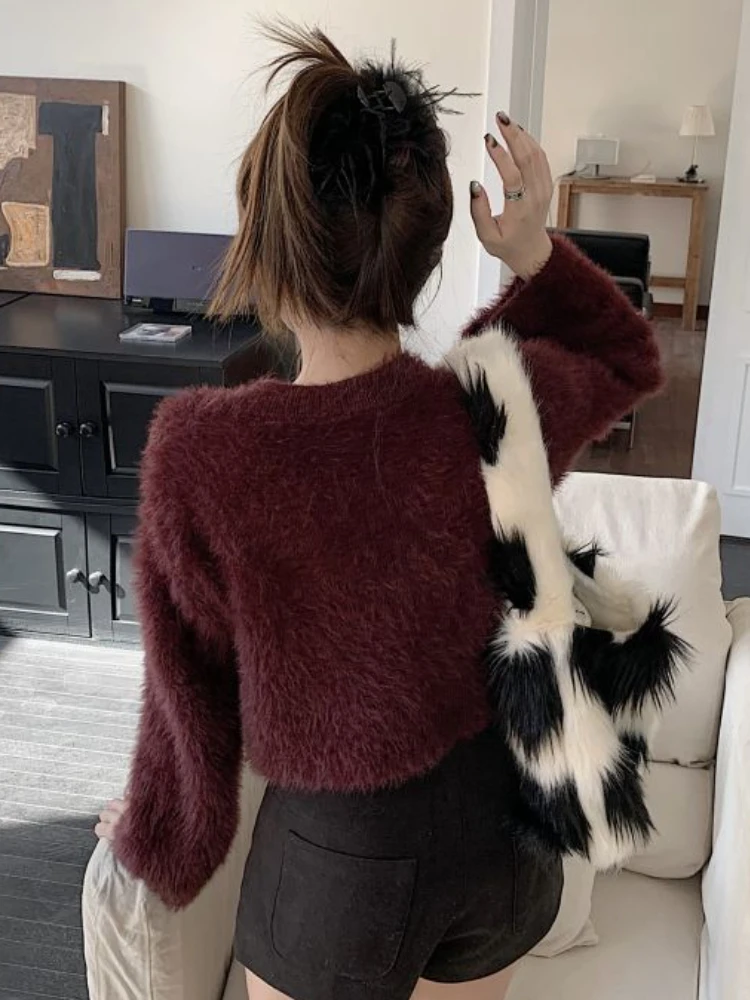 Fluffy Knitted Pullovers Women Crop Design Sexy Elegant Ladies Chic O-neck Hot Sweet Girls Waistless Simple All-match New Winter