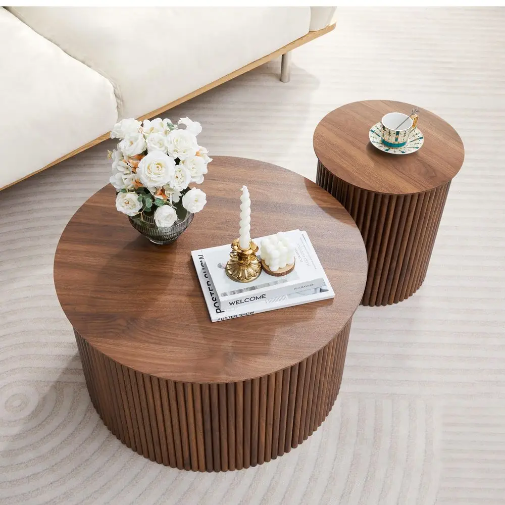 Round Nesting Coffee Table Set of 2, Mid Century Modern Wood Coffee Tables and End Table Set, Circle Side Table